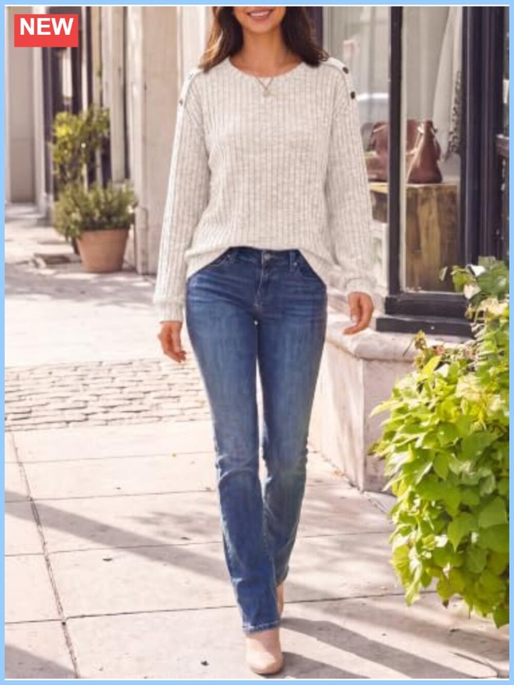 Long Sleeve Ribbed Knit Top with Resin Button Trim Fall Layering - Picture 5 of 5